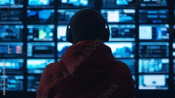 Obraz A person wearing headphones observes multiple screens displaying data and visuals in a dimly lit environment.