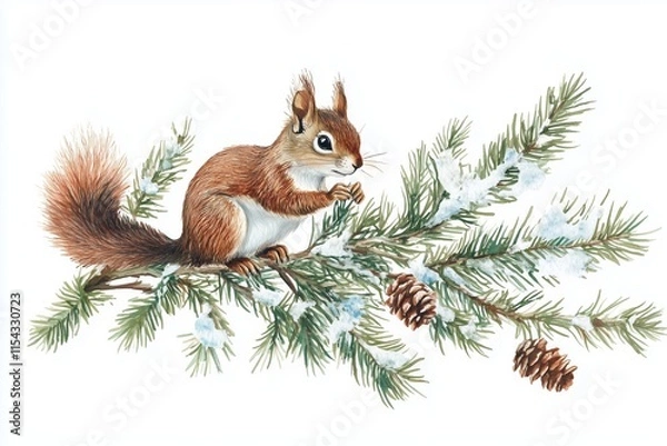 Obraz A watercolor fir branch and squirrel Christmas card. 