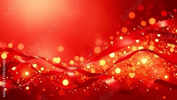 Fototapeta A romantic red and gold abstract background featuring flowing ribbons and sparkling lights, ideal for Valentine's advertisements, banners, and event posters.
