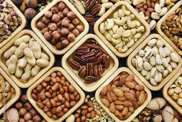 Fototapeta Colorful mix of various nuts: peanut and cashew, hazelnut and almond, pine nuts and walnut; healthy diet snack; vegan food background, selective focus, shallow focus