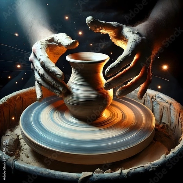 Fototapeta A potter’s wheel spinning clay that glows faintly