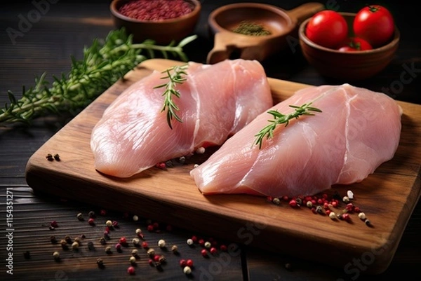 Fototapeta Close up view of chicken and spices on wooden cutting board