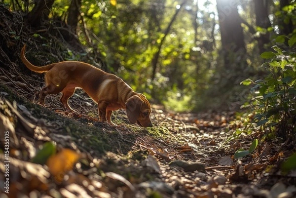 Fototapeta Photorealistic image of a red dachshund sniffing forest