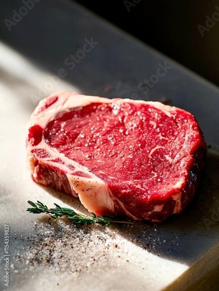 Fototapeta Fresh beef steak on a light background with copy space