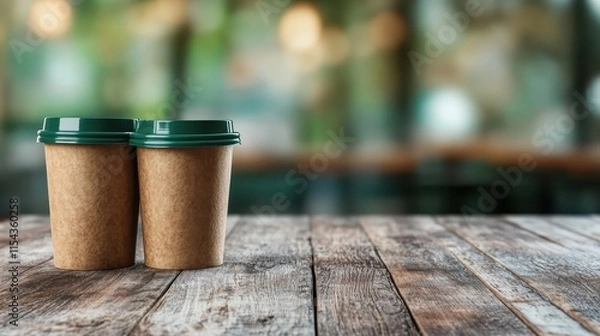 Fototapeta Pair of takeout coffee cups, snugly placed together on a richly textured wooden table surface, providing a convenient yet warm on-the-go beverage experience.