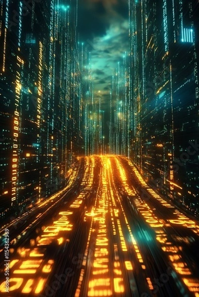 Fototapeta Digital Cityscape: glowing data streams and towering structures.