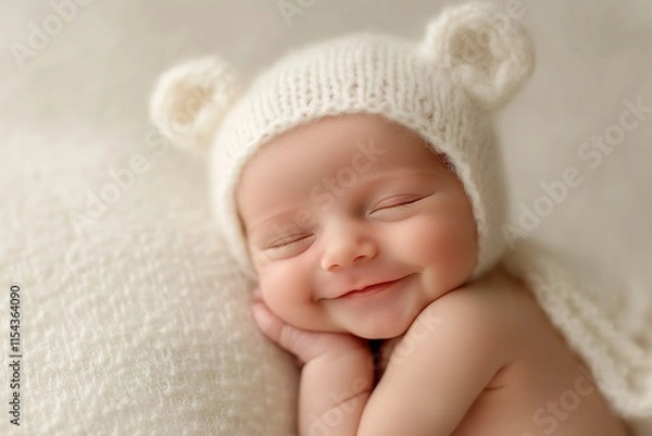 Fototapeta Joyful baby wearing a knitted bear hat smiles peacefully on a soft blanket in a serene indoor setting