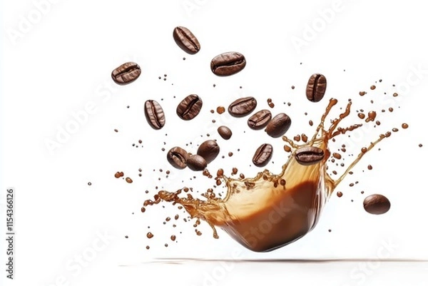 Fototapeta Coffee splash with flying beans creates dynamic coffee moment in a minimalist setting