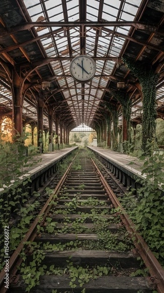 Fototapeta 4K Abandoned Train Station Wallpaper - Overgrown Tracks and Platforms with Clock
