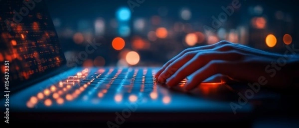 Fototapeta Hand typing on laptop at night.