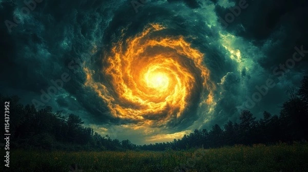 Fototapeta A swirling storm cloud with a bright center over a field, evoking a sense of wonder.