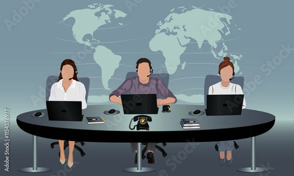 Fototapeta men in a office, working in call center, , logistics, fast call call center, express, laptop, computer, businessman vector,book and copybook in a table, coffee, mouse, headphone, phone