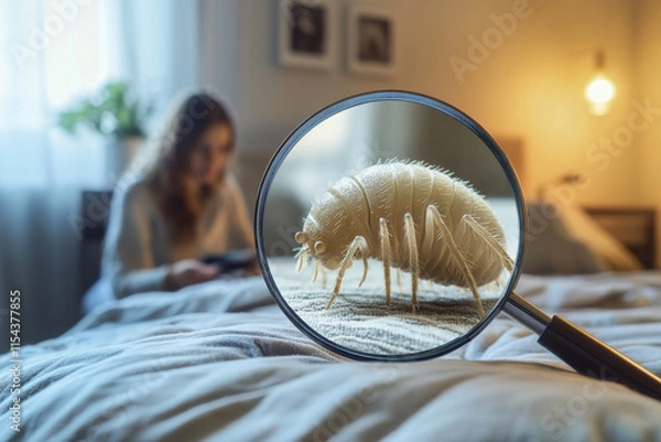 Obraz Close up view of dust mite seen through a magnifying glass on the bed linen in a cozy bedroom at home. Type of domestic blood-sucking insect.