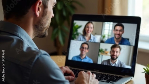 Fototapeta A man is participating in a video conference on his laptop with four people. Concept of: online meeting.
