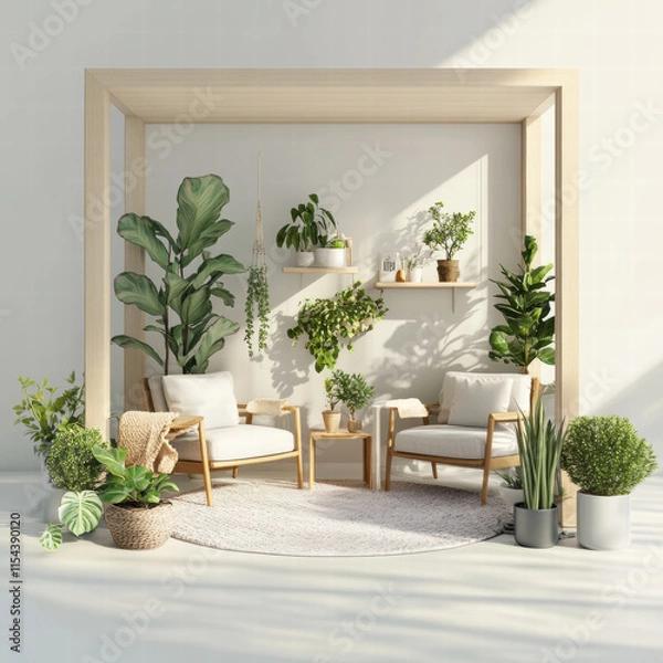 Obraz Cozy indoor garden with wooden furniture, plants, and natural light. serene space featuring greenery, perfect for relaxation and tranquility