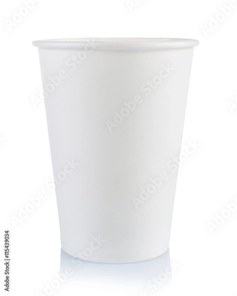 Fototapeta White paper cup isolated on white background, close-up.