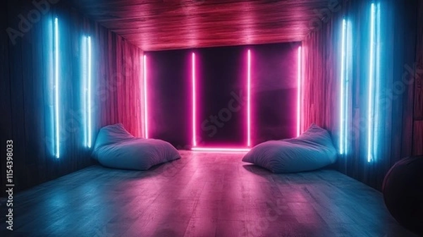 Fototapeta An inviting space featuring bright pink and blue vertical neon lights on wooden walls with comfortable bean bags, creating a cozy and stylish retreat.