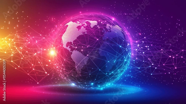 Fototapeta Futuristic Global Communication Design Featuring a Holographic Globe with Illuminated Network Paths in Vivid Gradients