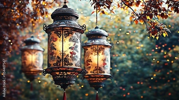 Fototapeta Illuminated lanterns hanging amidst colorful autumn leaves in a serene outdoor setting.