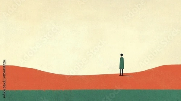 Fototapeta Solitary Figure Standing in Vast Desert Landscape with Minimalist Design and Soft Colors