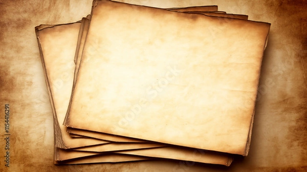 Fototapeta Collection of blank vintage papers stacked on a grunge-style aged background. Perfect for historical-themed designs or antique-inspired aesthetics.