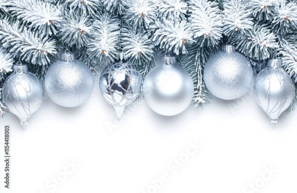 Obraz Merry Christmas frame composed of white fir branches on a white background, featuring silver decorations, sparkles, bokeh, and light. Suitable for an Xmas and New Year greeting card, embodying the