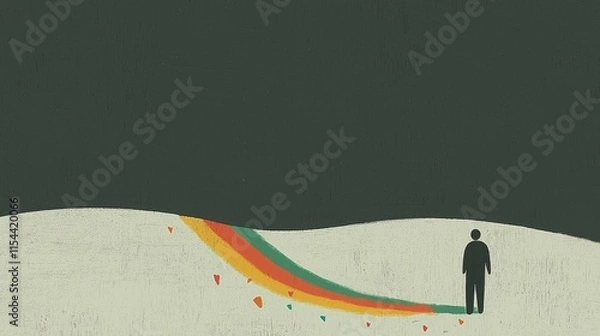 Fototapeta A Solitary Figure Standing at the End of a Colorful Rainbow Path Under a Dark Sky