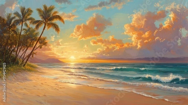 Fototapeta Playa al atardecer con palmeras