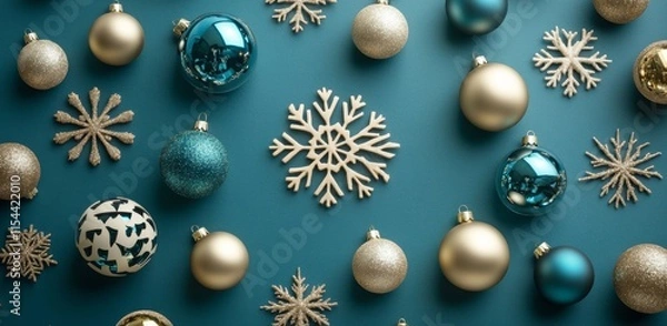 Fototapeta A black background embellished with golden snowflakes and spheres