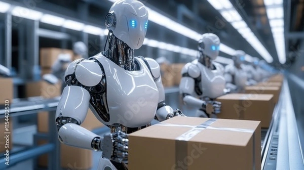 Fototapeta Advanced robotics assembly line featuring humanoid robots packaging boxes in a modern warehouse setting