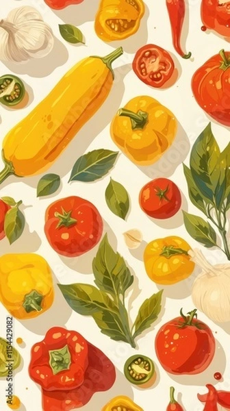 Fototapeta A colorful arrangement of various vegetables and herbs on a light background.