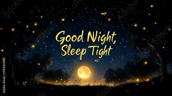 Obraz Peaceful night scene with moon, fireflies, and "Good Night, Sleep Tight" text.