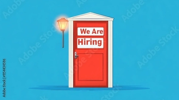 Fototapeta Human Resource Hiring Recruitment Job Assessment Management A vibrant red door with a hiring sign inviting job applicants.