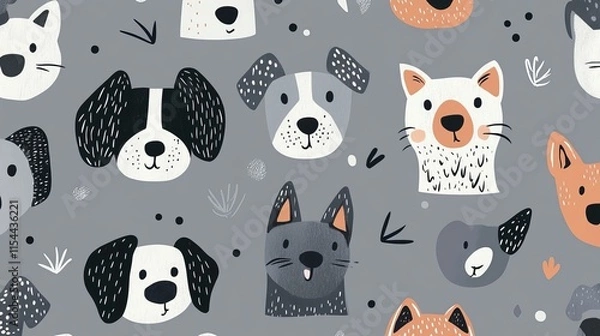 Fototapeta Seamless Scandinavian Style Pattern with Cute Dog Faces on Gray Background for Kids' Rooms