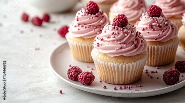 Fototapeta Delicious raspberry cupcakes with pink frosting and sprinkles sitting on a plate