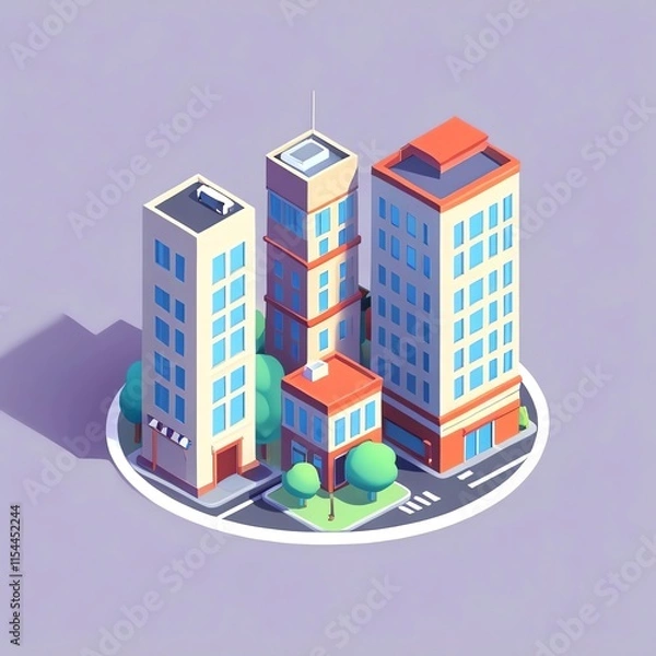 Fototapeta Isometric Cityscape: A vibrant low-poly illustration of urban architecture, showcasing three modern buildings, meticulously detailed and surrounded by lush greenery.