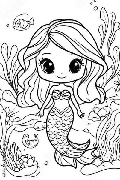 Fototapeta A delightful coloring page showcasing a charming mermaid surrounded by sea creatures, bubbles, and aquatic plants, designed to engage children's imagination and fun.