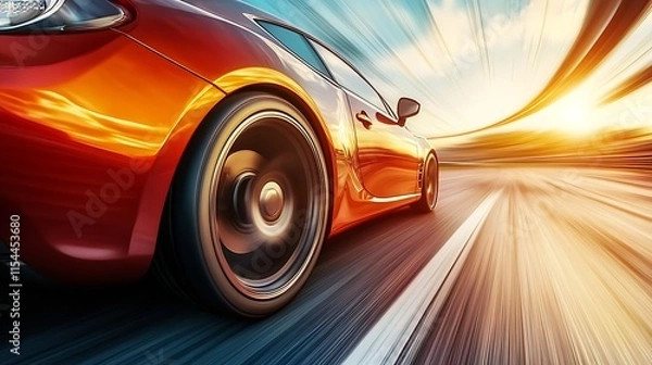 Fototapeta Vibrant orange sports car accelerating on a winding road at high speed during golden hour : Generative AI