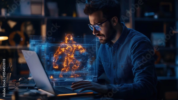 Fototapeta Game Developer Projecting 3D Holographic Model of Game Character with Dynamic Animations from Laptop