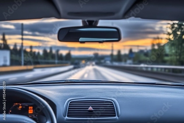 Obraz Fast Motion Drive Captured Through Car Windshield with Blurred Background at Sunset : Generative AI