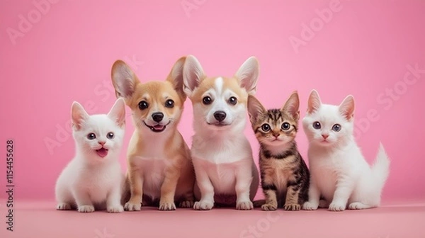 Fototapeta Adorable Puppies and Kittens on Pink Background Perfect for Pet Lovers : Generative AI
