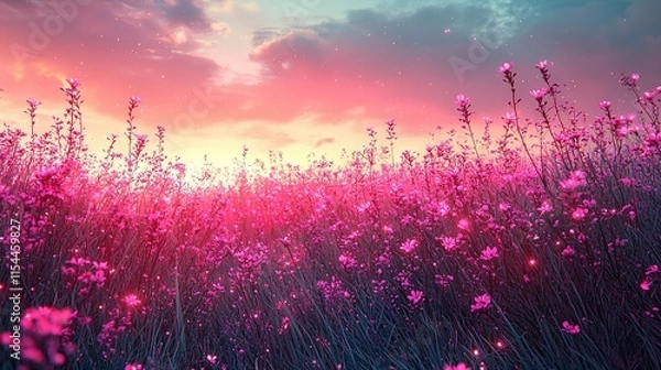 Fototapeta   A field full of purple flowers under a pink and blue sky with stars in the sky