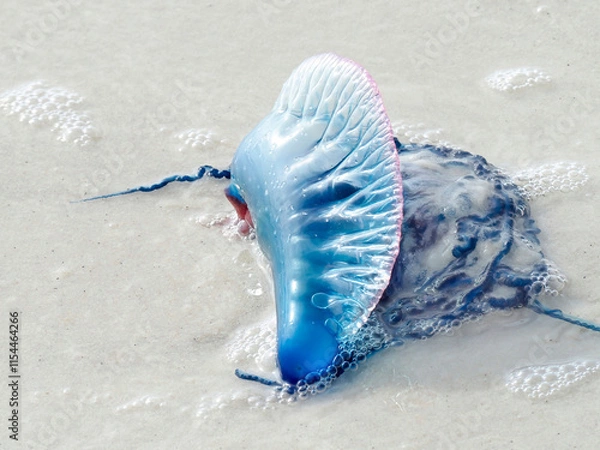 Fototapeta A Close-up Focus Stacked Image of a Portuguese Man of War Washed Up on a White Sand Florida Beach