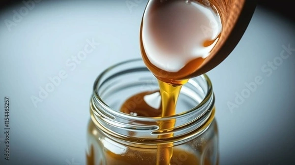 Fototapeta A jar of golden honey with a honey dipper dripping honey into the jar, isolated on a pristine white background