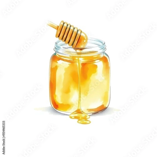 Fototapeta A jar of golden honey with a honey dipper dripping honey into the jar, isolated on a pristine white background