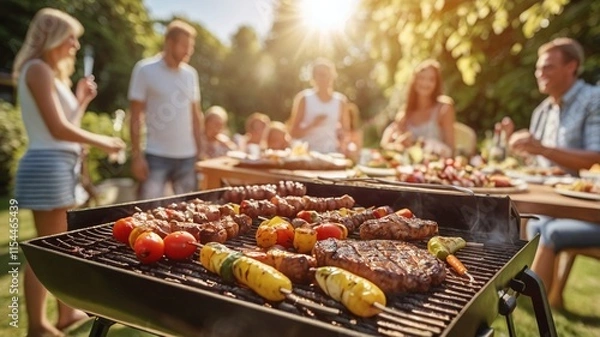 Fototapeta Close-up of a barbecue grill with sizzling food in the foreground, family and friends enjoying a garden picnic in the sunny summer background