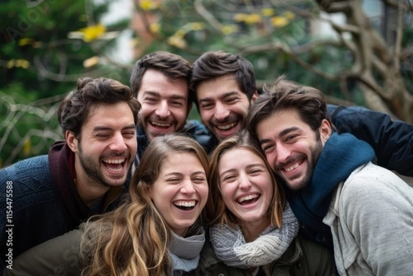 Fototapeta Portrait of a group of friends laughing together in the park.