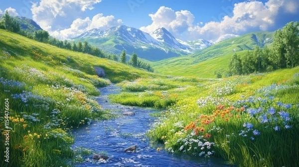 Fototapeta A serene landscape with mountains, a stream, and vibrant wildflowers.