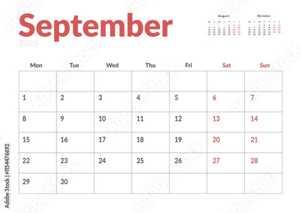 Fototapeta Monthly page Calendar Planner Template of September 2025. Vector layout of calendar with week start Monday for Scheduling. Page for size A4 or 21x29.7 cm