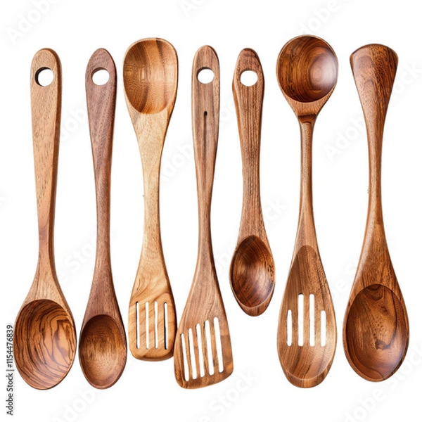 Fototapeta PNG of A collection of elegant wooden kitchen spoons arranged artistically, White or Transparent Background